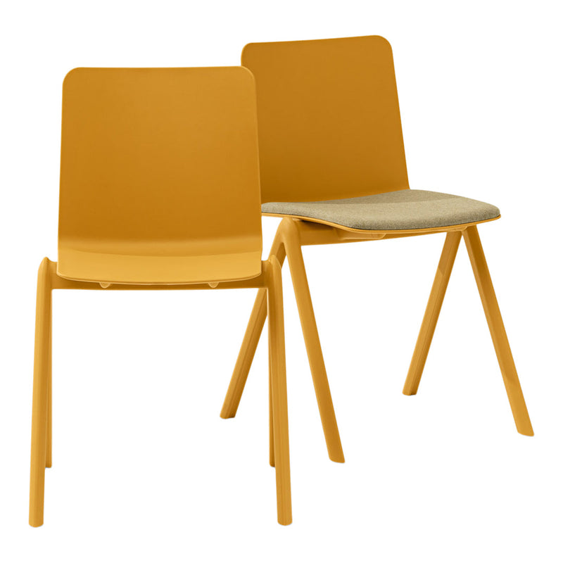Stylish yellow and gray chairs with a modern design, featuring smooth finishes and minimalist aesthetic.