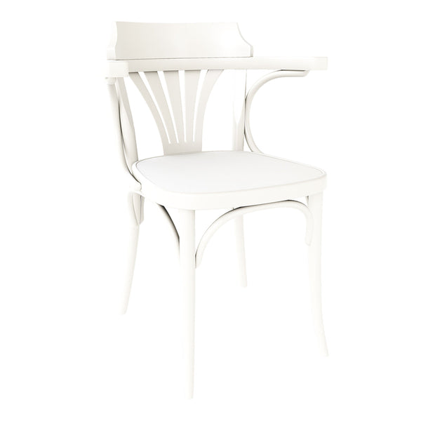 White dining chair with elegant slatted back and smooth seat, featuring a minimalist design and sleek finish.