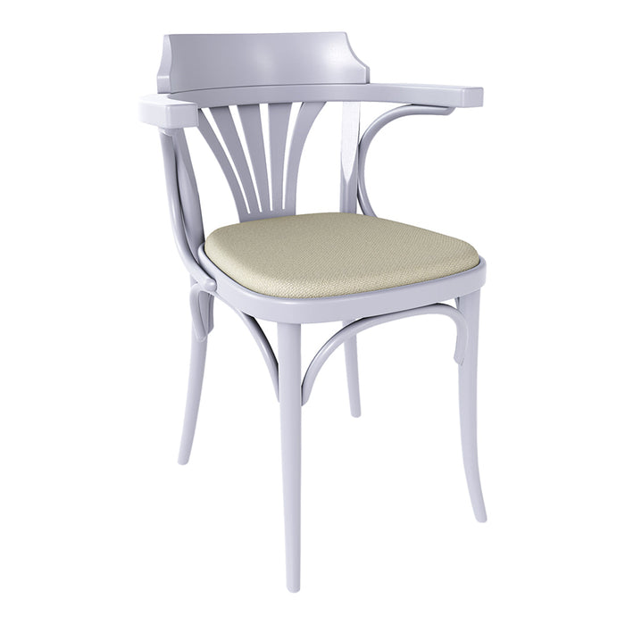 Elegant white wooden chair with minimalist design and soft beige cushion. Perfect for modern decor.