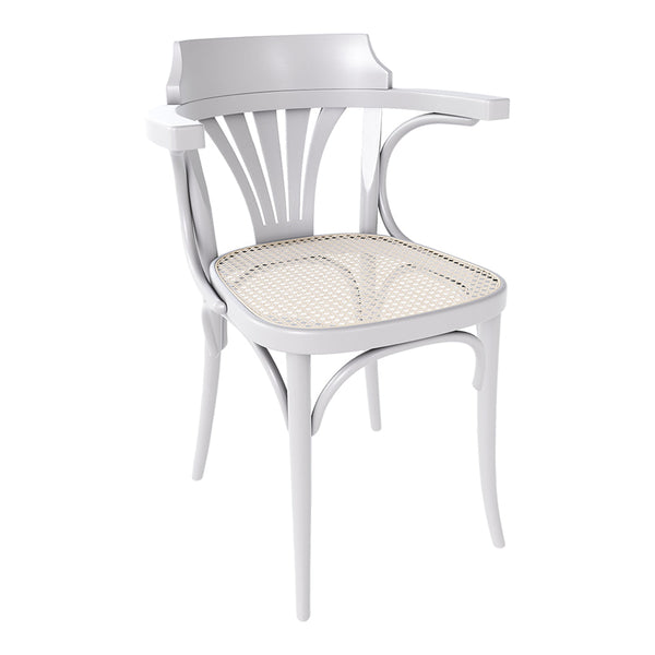 White wooden chair with a curved back, featuring a woven rattan seat for a minimalist touch.