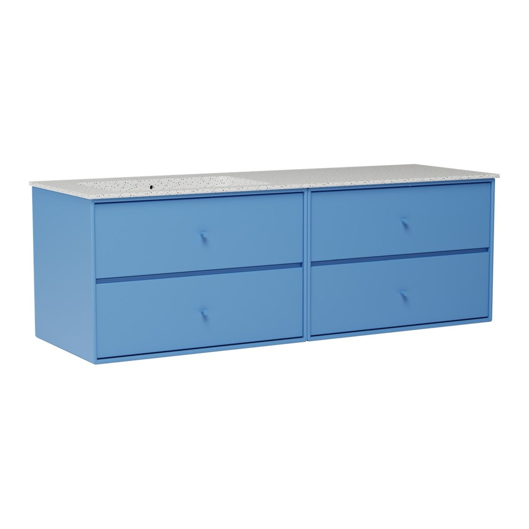 Blue storage cabinet with four drawers and a gray top, featuring a smooth, modern design.