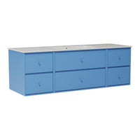 Light blue dresser with six drawers and a sleek gray top, featuring a minimalist design and smooth surfaces.