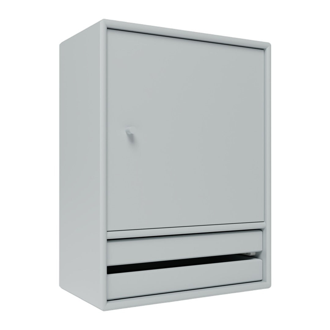 Gray storage cabinet with a sleek design, featuring a smooth surface and contrasting black drawer. Ideal for modern spaces.