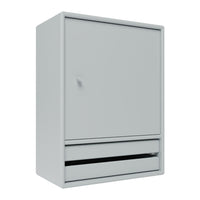 Gray storage cabinet with a sleek design, featuring a smooth surface and contrasting black drawer. Ideal for modern spaces.