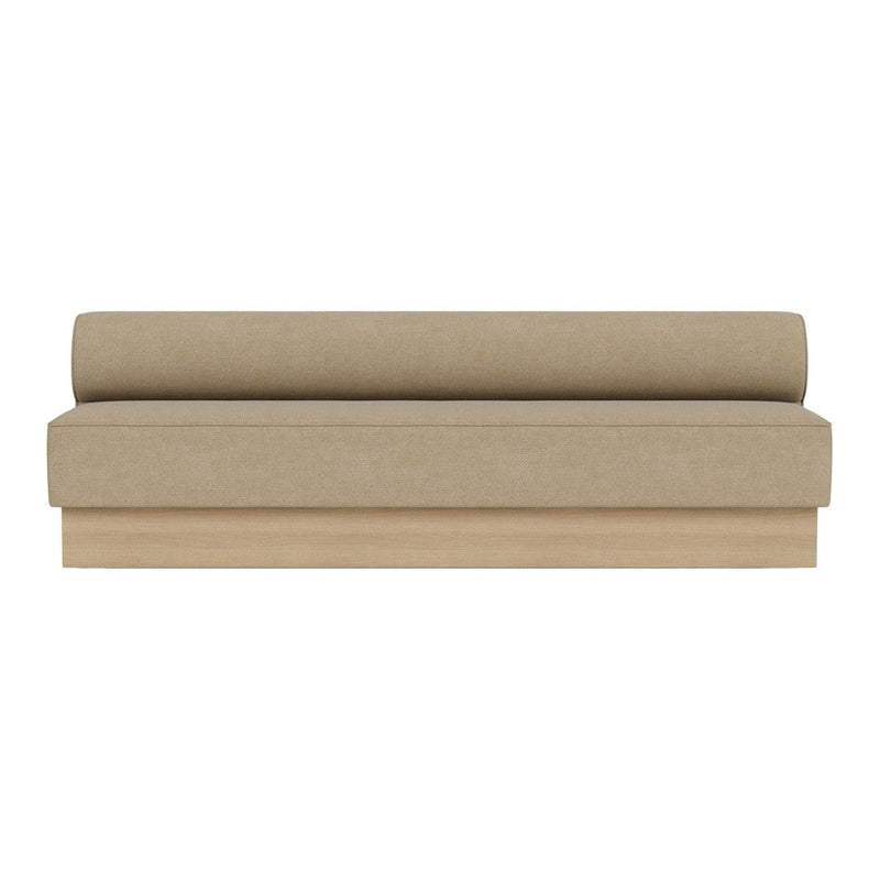 Beige upholstered sofa with a smooth fabric texture and a minimalistic design. Perfect for modern interiors.