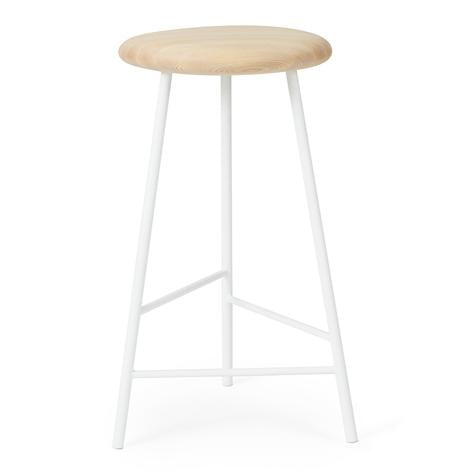 Light natural wood seat with white metal legs, featuring a minimalist design and smooth finish.