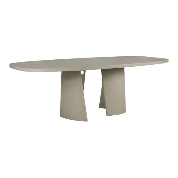 Sleek oval dining table in soft gray with modern geometric base design. Ideal for contemporary interiors.