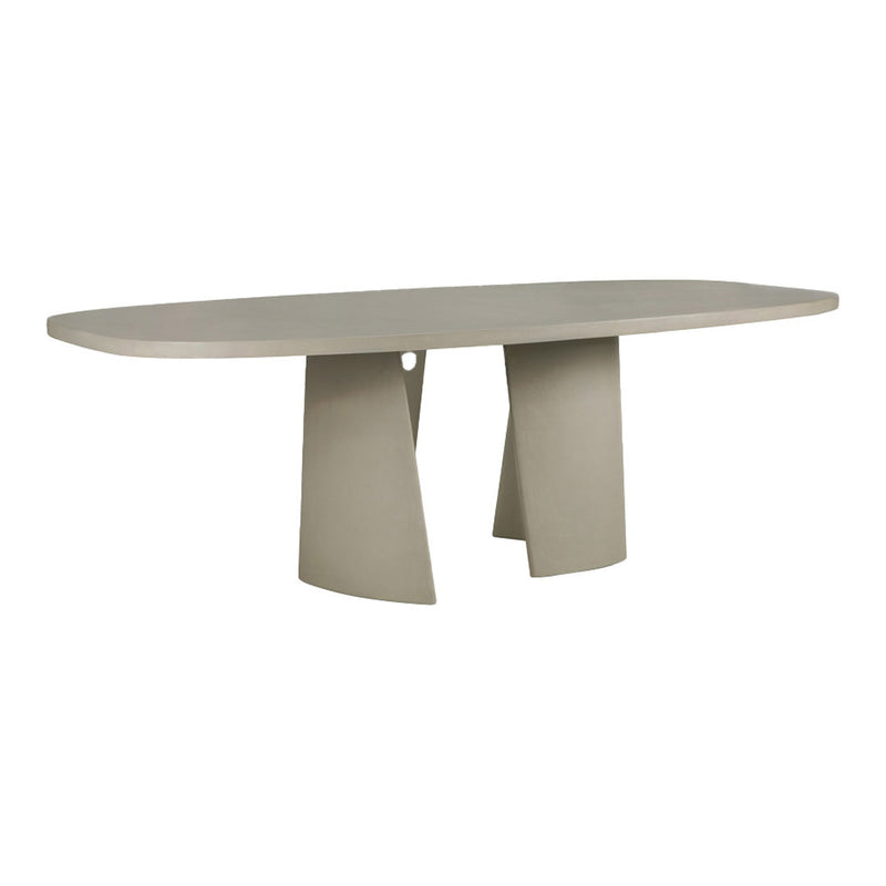 Sleek oval dining table in soft gray with modern geometric base design. Ideal for contemporary interiors.