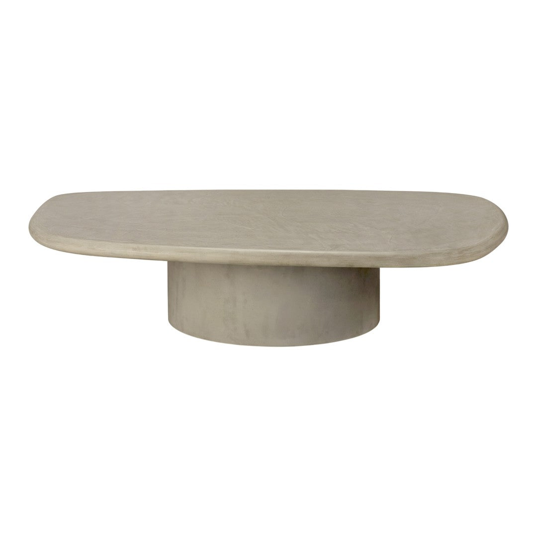 Oval gray tabletop with a smooth matte finish, featuring a cylindrical base for a modern, minimalist look.