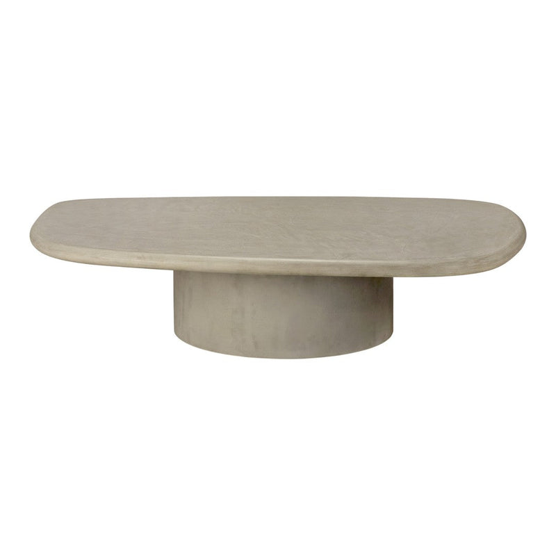 Oval gray tabletop with a smooth matte finish, featuring a cylindrical base for a modern, minimalist look.