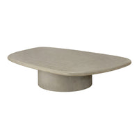 Light grey oval coffee table with a smooth surface and rounded pedestal base, featuring a minimalist design.