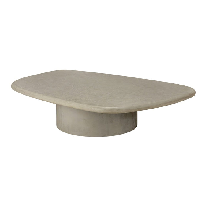 Light grey oval coffee table with a smooth surface and rounded pedestal base, featuring a minimalist design.