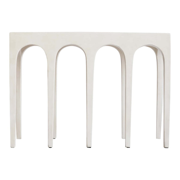 White modern console table with smooth arches and minimalist design, perfect for contemporary decor.