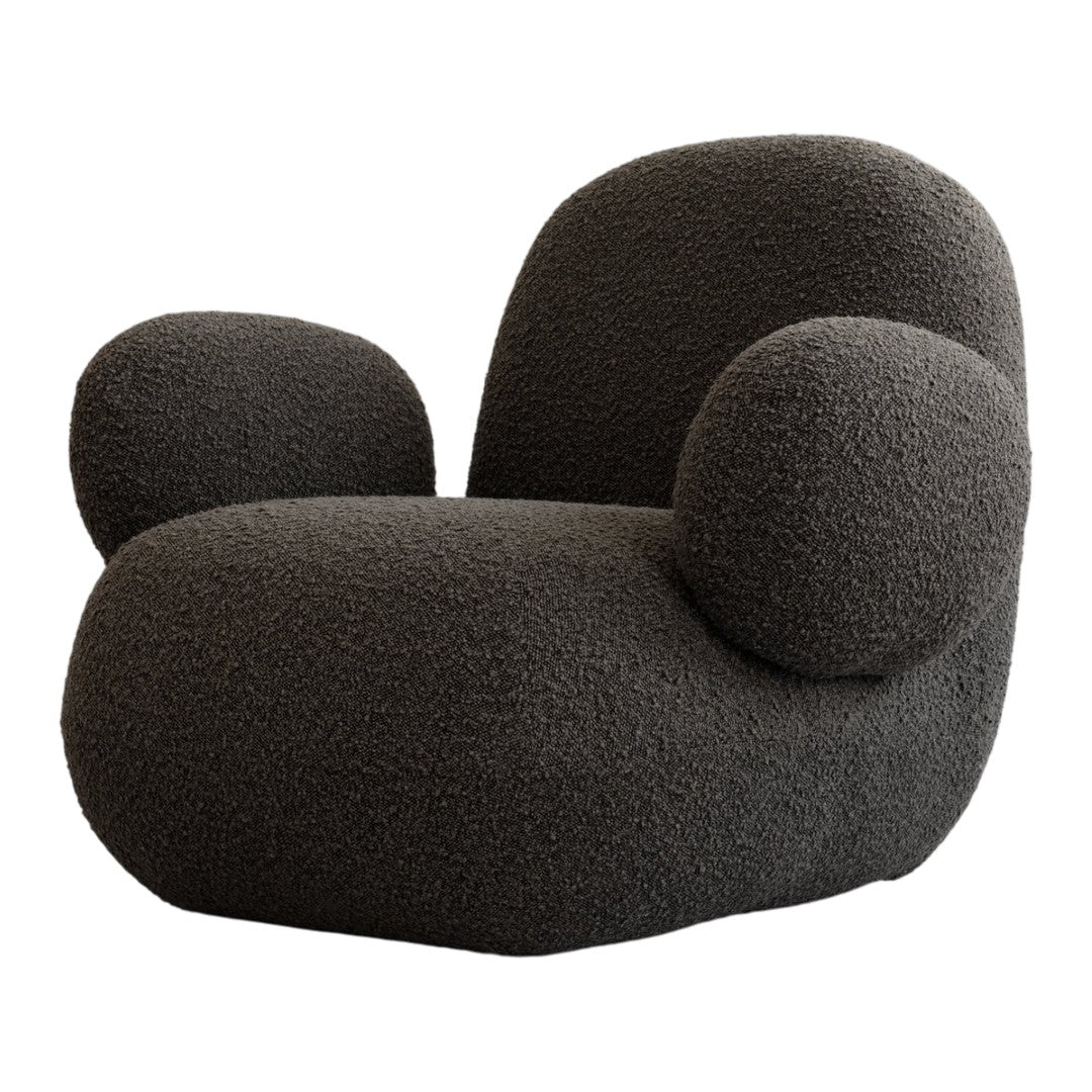 Textured dark gray armchair with round shapes and a cozy, modern design. Perfect for contemporary interiors.