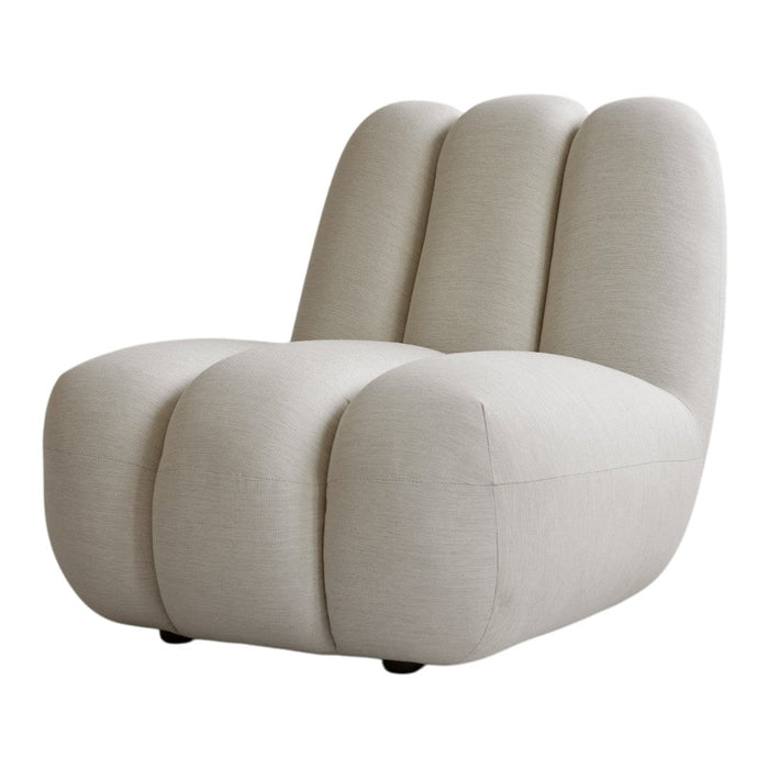 Beige upholstery with a smooth, textured pattern, featuring rounded, modern curves and a contemporary design.