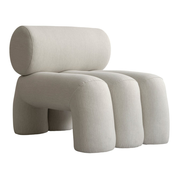 Light gray upholstered chair with rounded shapes and soft, textured fabric, ideal for modern decor.