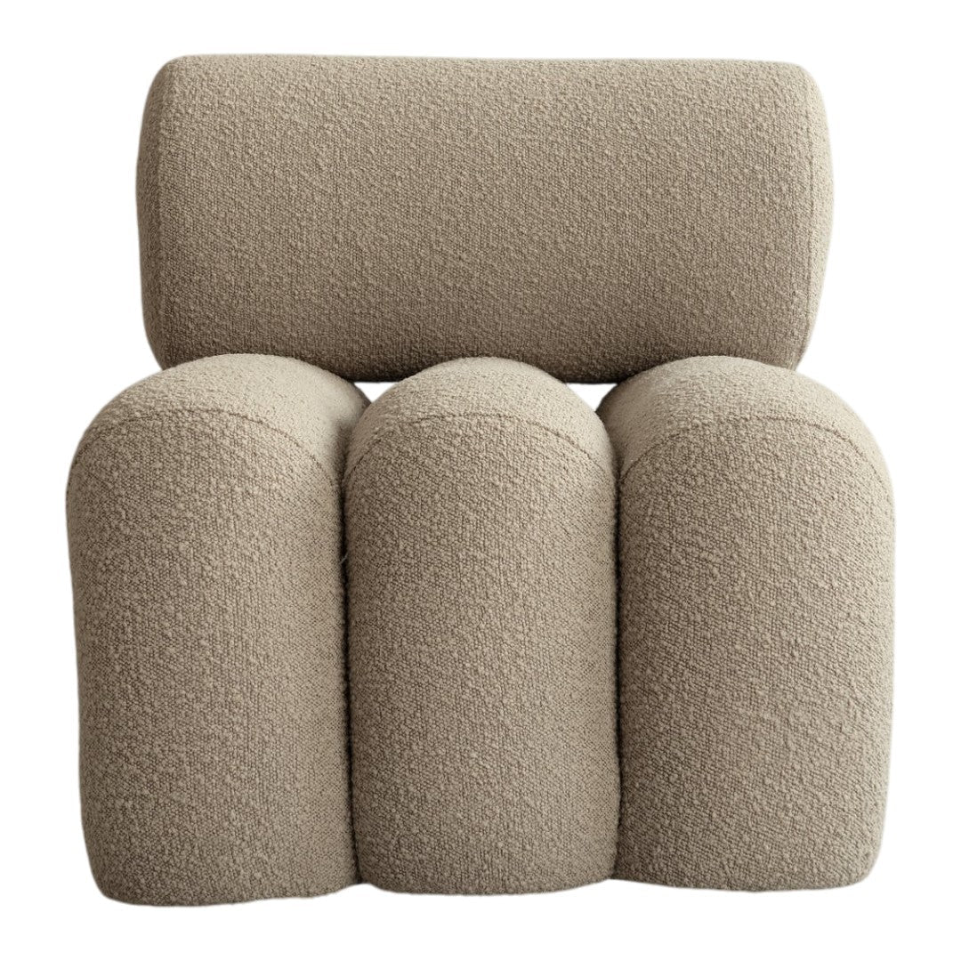 Beige textured chair with rounded shapes and soft, cozy fabric pattern. Perfect for modern interior decor.