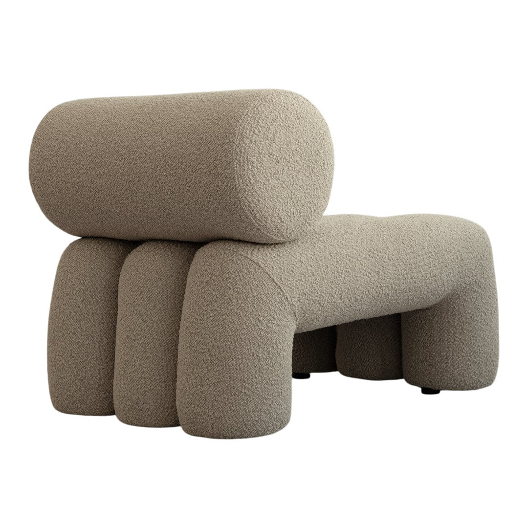 Beige textured sofa with rounded shapes and a modern design, featuring a cozy, inviting appearance.