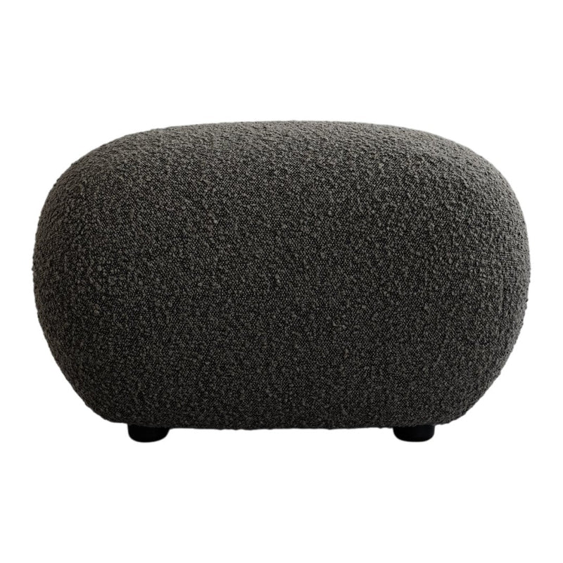 Textured gray ottoman with a rounded shape, featuring a soft, plush fabric pattern for a modern look.
