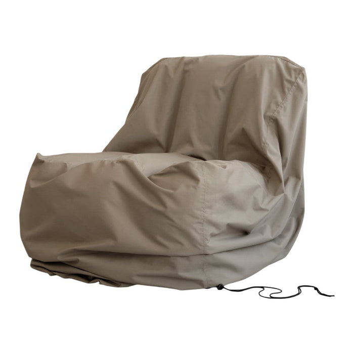 Beige outdoor chair cover with a smooth texture and drawstring for secure fit. Ideal for protecting furniture.