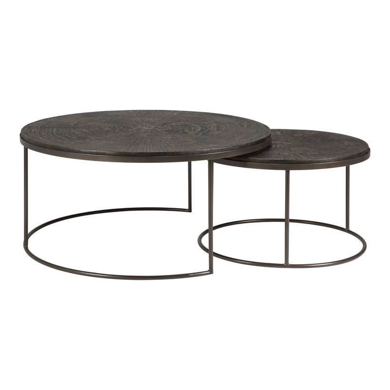 Nested round coffee tables with a dark finish and intricate textured pattern, featuring sleek metal bases.