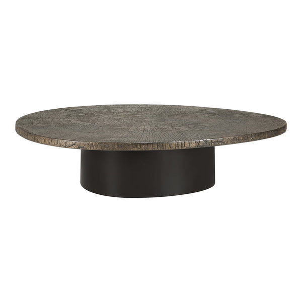 Round coffee table with a textured gray stone top and a sleek black circular base. Modern, elegant design.