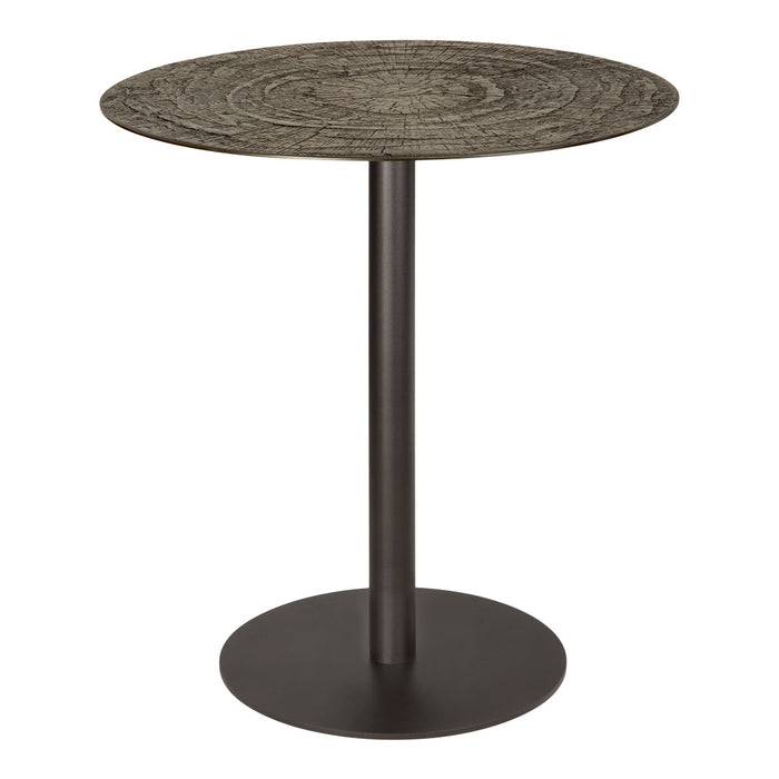 Round side table with a textured gray wood top and a sleek black metal base, perfect for modern decor.
