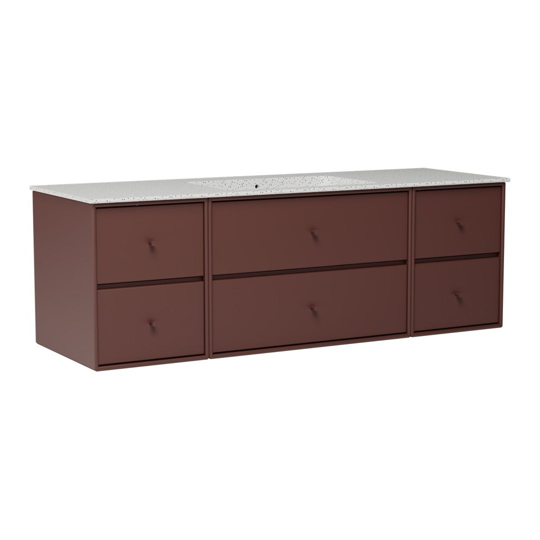 Modern dark brown storage cabinet with sleek drawers and a light countertop, ideal for stylish organization.