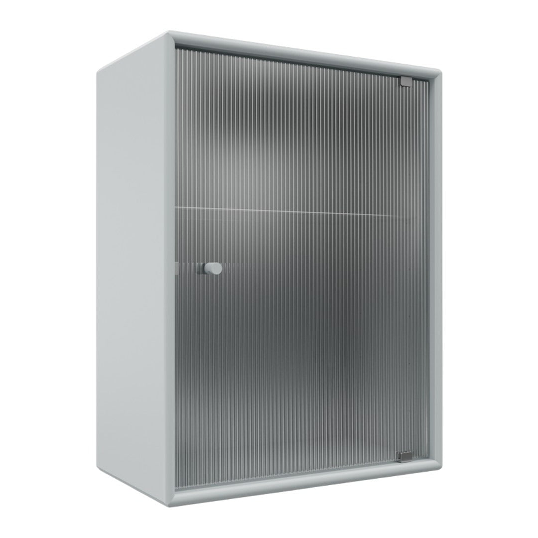 White storage cabinet with a sleek silver ribbed glass front, featuring a minimalistic design and modern aesthetic.