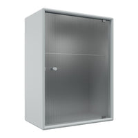 White storage cabinet with a sleek silver ribbed glass front, featuring a minimalistic design and modern aesthetic.
