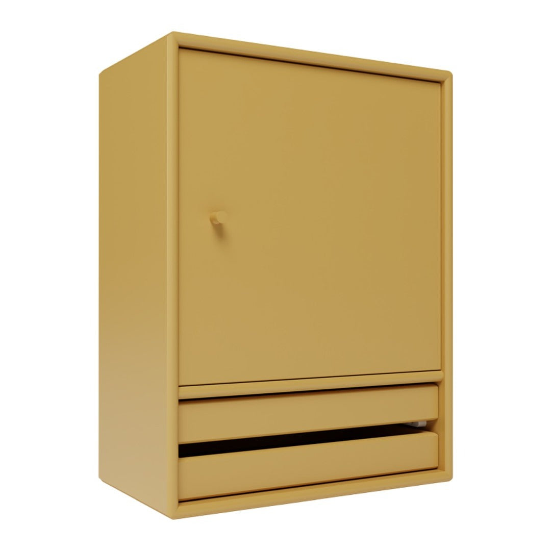 Yellow storage cabinet with a smooth finish and minimalist design, featuring one door and a drawer.