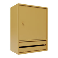 Yellow storage cabinet with a smooth finish and minimalist design, featuring one door and a drawer.