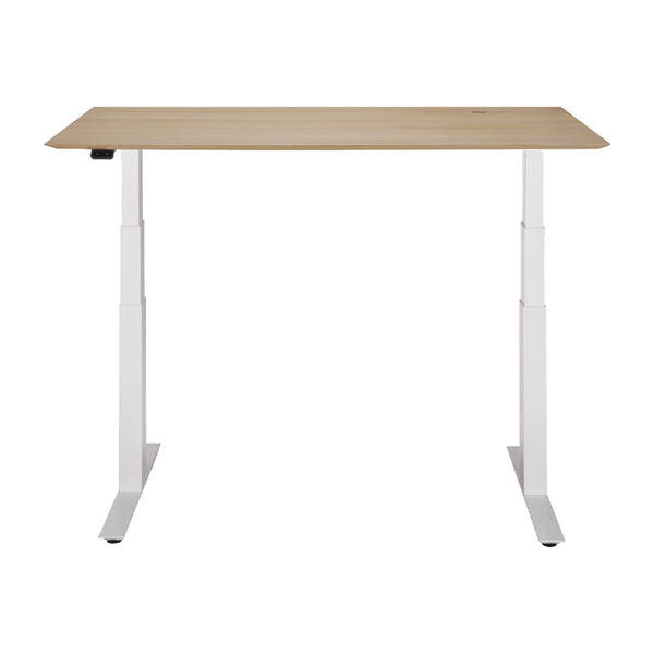 Light wood tabletop with a natural finish and sleek white metal legs, showcasing a minimalist design.