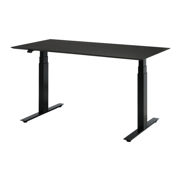 Modern black standing desk with a sleek, minimal design and smooth rectangular surface. Ideal for professional settings.