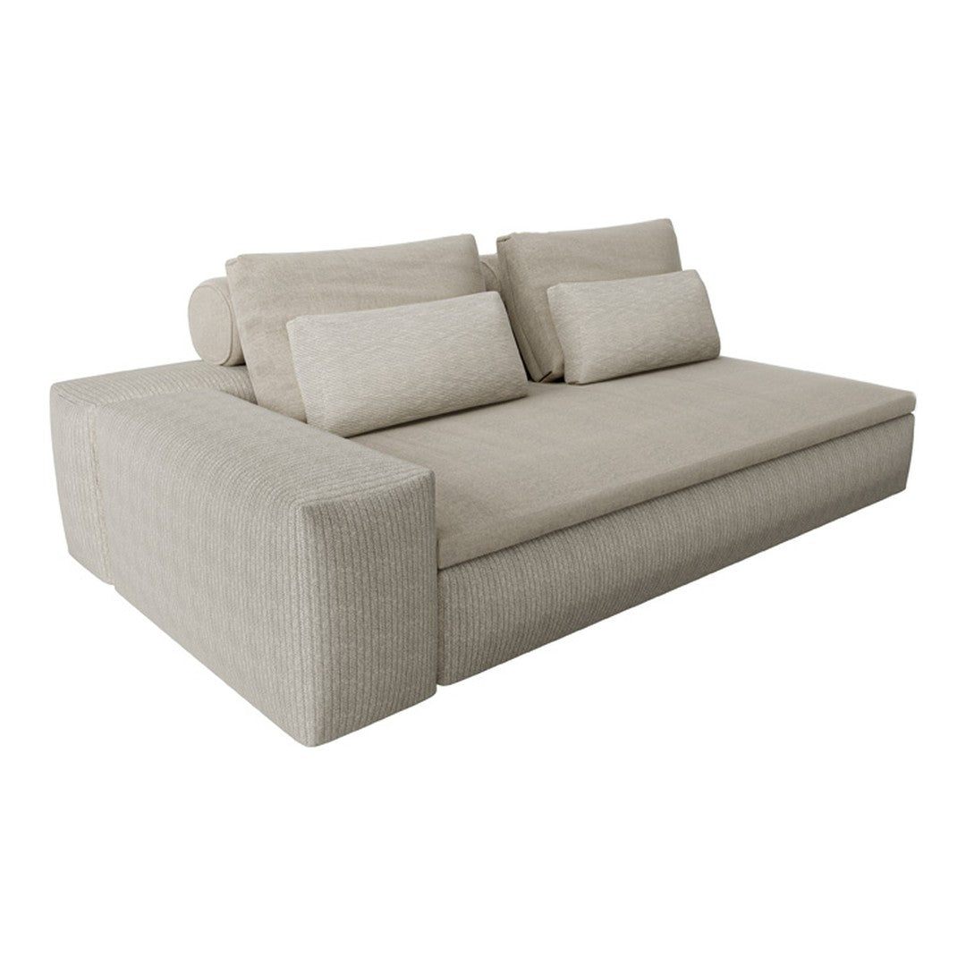 Beige upholstered sofa with subtle textured pattern and minimalistic design. Perfect for modern living spaces.