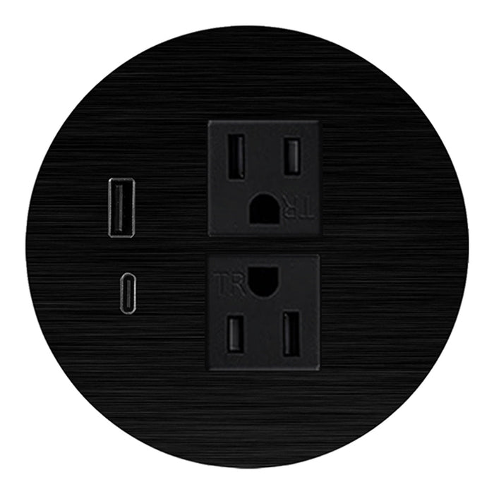 Black round power outlet with a textured finish, featuring two sockets and a USB-C port. Modern and sleek design.