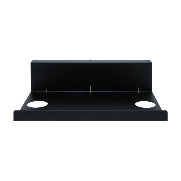 Black display shelf with a smooth matte finish and two circular cutouts for organization. Minimalist design.