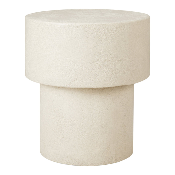 Textured beige side table with a modern, minimalistic design and cylindrical shape. Perfect for contemporary decor.