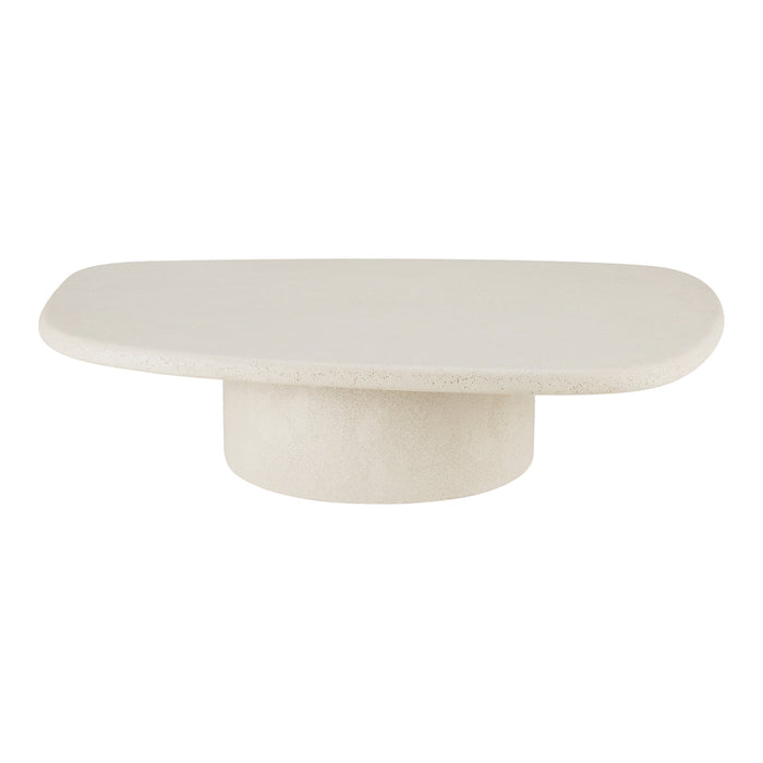 Cream-colored oval tabletop with a cylindrical base; smooth, minimalistic design for modern decor.