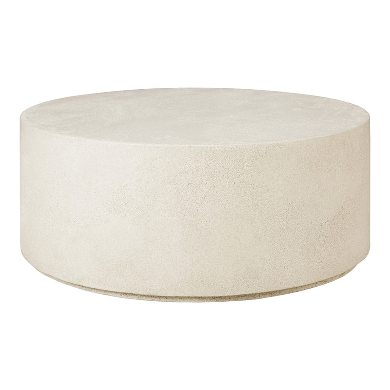Round beige concrete coffee table with a smooth, textured surface, perfect for modern decor.