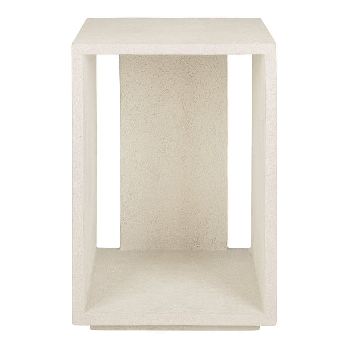 Light beige square side table with a textured surface and minimalist open design. Perfect for modern decor.