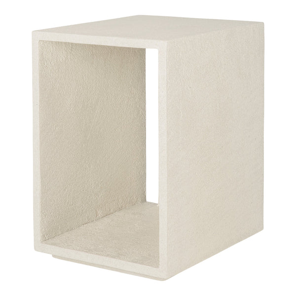 Textured light gray cube accent table with a minimalist design and open structure, perfect for modern interiors.