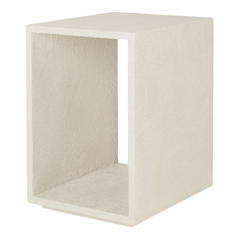 Textured light gray cube accent table with a minimalist design and open structure, perfect for modern interiors.
