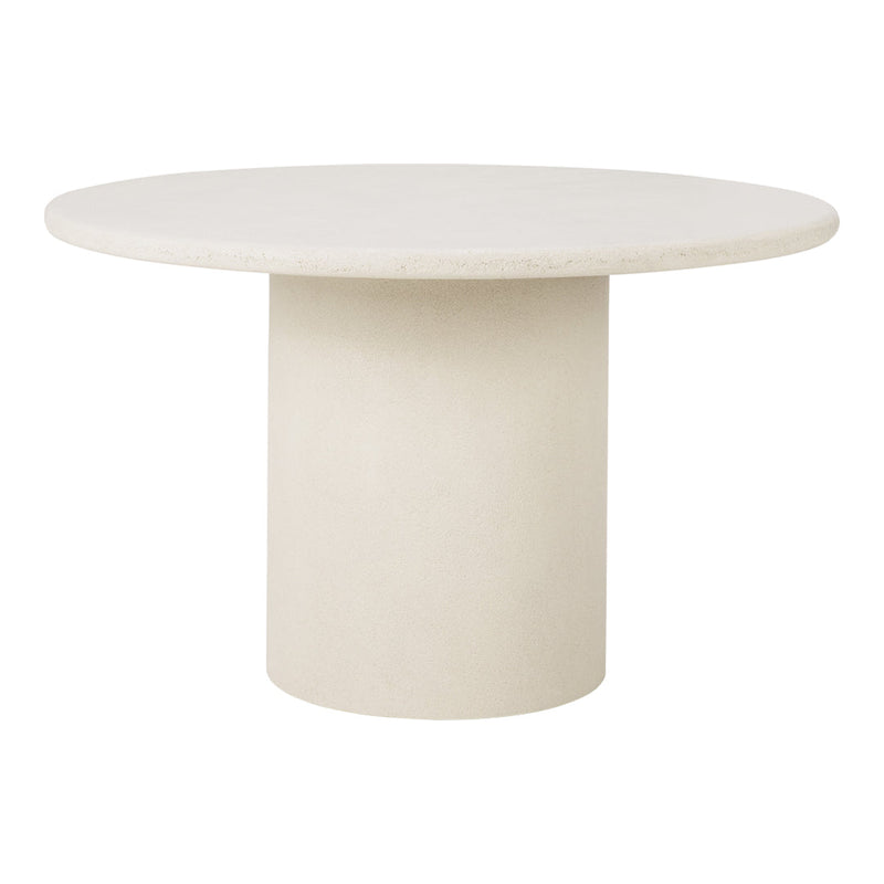Round beige table with a smooth, matte finish and seamless cylindrical base, perfect for modern interiors.
