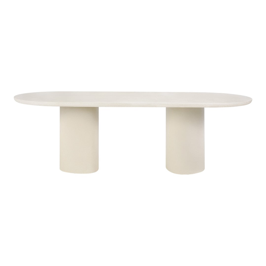 Cream-colored oval table with textured surface and cylindrical bases, perfect for modern decor.