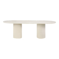 Cream-colored oval table with textured surface and cylindrical bases, perfect for modern decor.