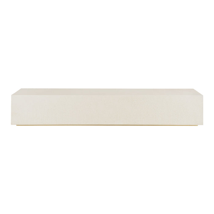 Sleek cream-colored coffee table with a subtle textured finish and a gold accent base.