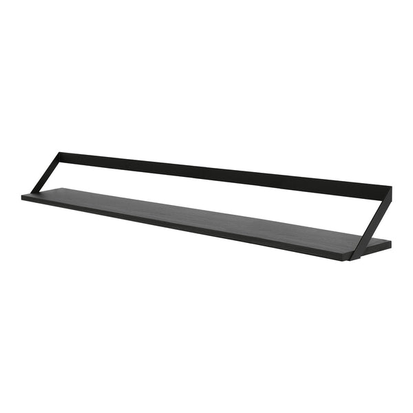 Sleek black metal shelf with smooth surface and modern geometric design. Perfect for contemporary decor.