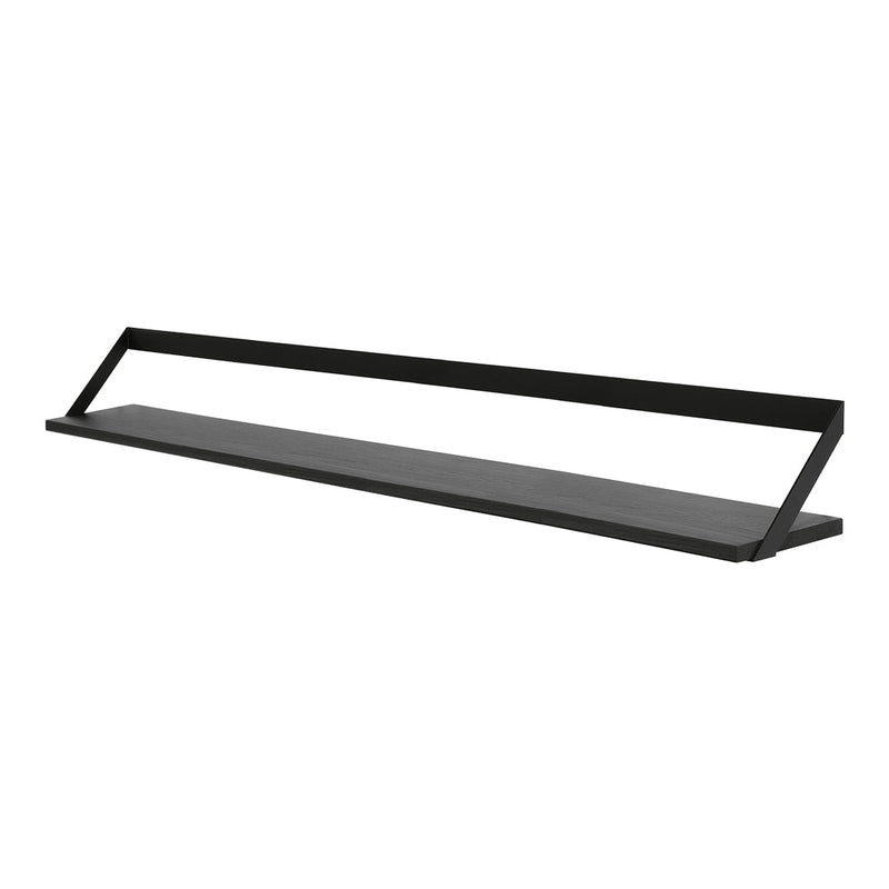 Sleek black metal shelf with smooth surface and modern geometric design. Perfect for contemporary decor.