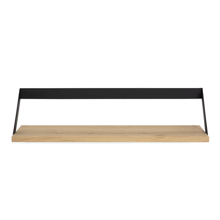Black metal frame with a natural wood shelf, showcasing a sleek, modern design perfect for minimalist decor.
